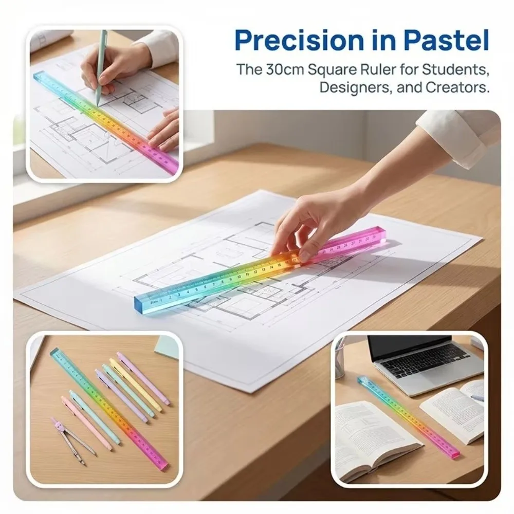 2-in-1 30cm Colored Ruler Acrylic Geometric Student Ruler Cube Drawing Tool Drawing and Measuring Supplies