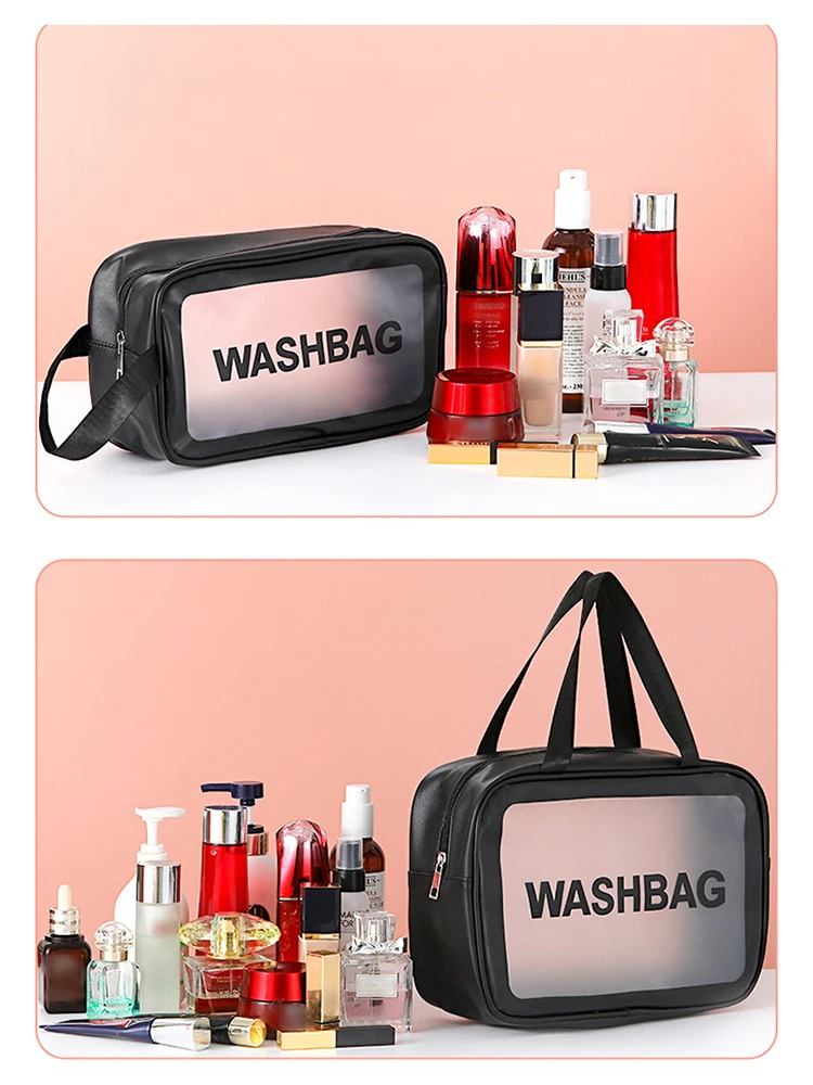 1pc Pu Transparent Three Piece Makeup And Toiletries Bag, Large Capacity Pvc Semi Transparent Frosted Portable Storage Bag