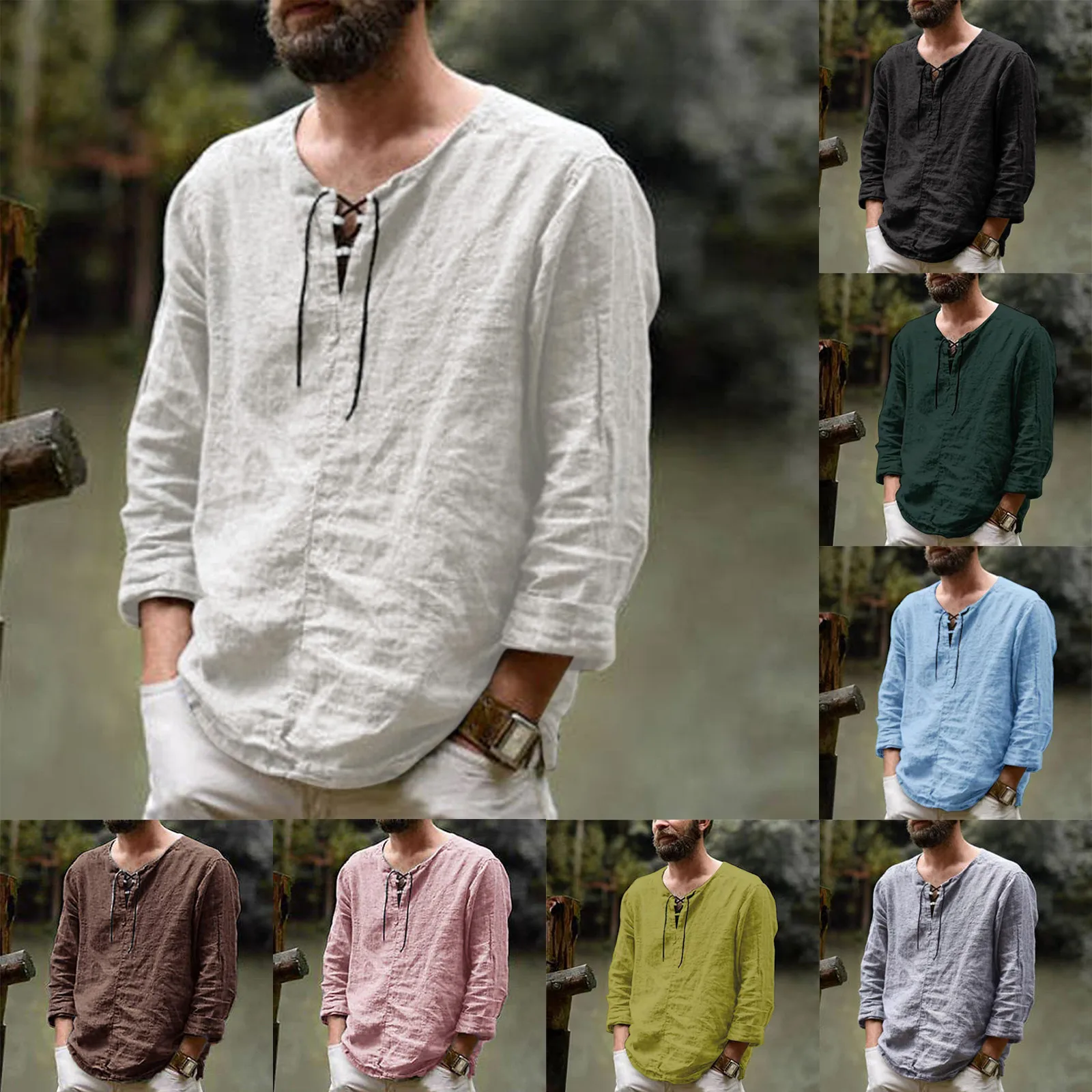 Plus Size Cotton Line  Men'S Casual Long Sleeve Shirt Retro Solid Medieval Lace Up V Neck Loose Soft Daily Streetwear Male Tops