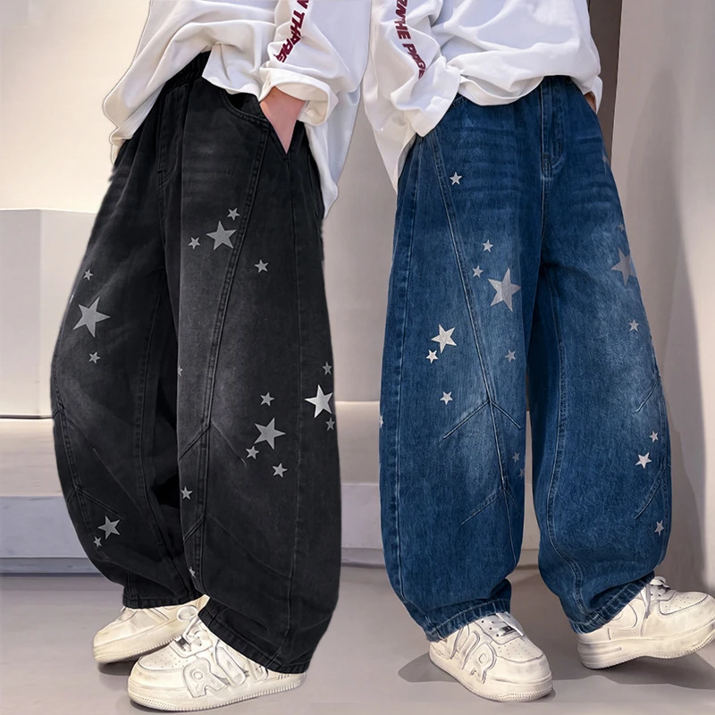 Teens Boys Jeans Spring Autumn New Overalls Star Print Ripped Straight Leg Denim Pants 5-14 Years Children Cotton Baggy Trousers