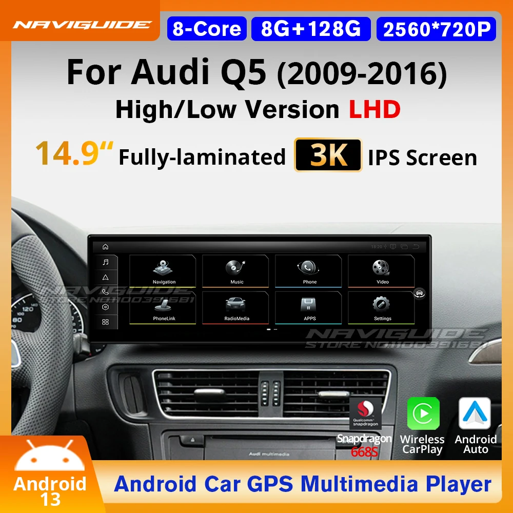 NAVIGUIDE 14.9” Android 13.0 4+64G Car Multimedia Player For Audi Q5 LHD 2009-2016 GPS Navi Wireless Carplay Auto BT Headunit