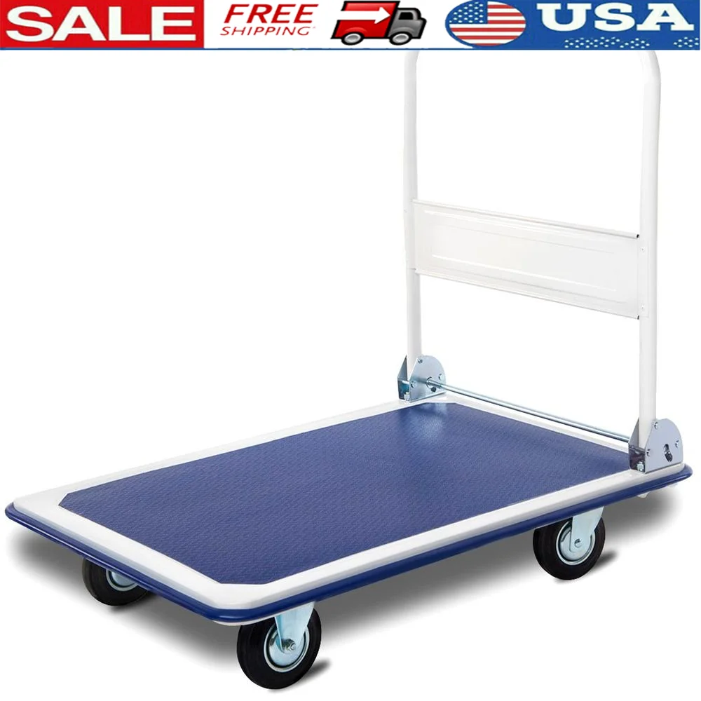 660lbs Heavy-duty Platform Cart Dolly Folding Hand Truck with 4 Wheels Moving Warehouse Supplies Blue 35.5