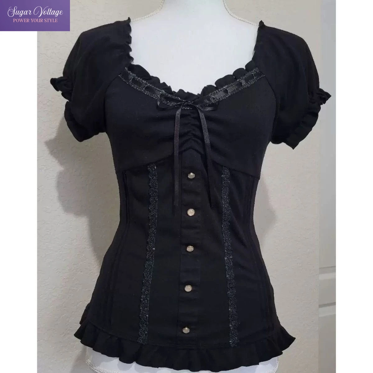 القوطية الأسود الدانتيل تقليم مثير القمم المرأة كبيرة الحجم Y2K خمر نفخة كم تي شيرت الإناث Harajuku ريترو الصيف الشارع الشهير بلوزة