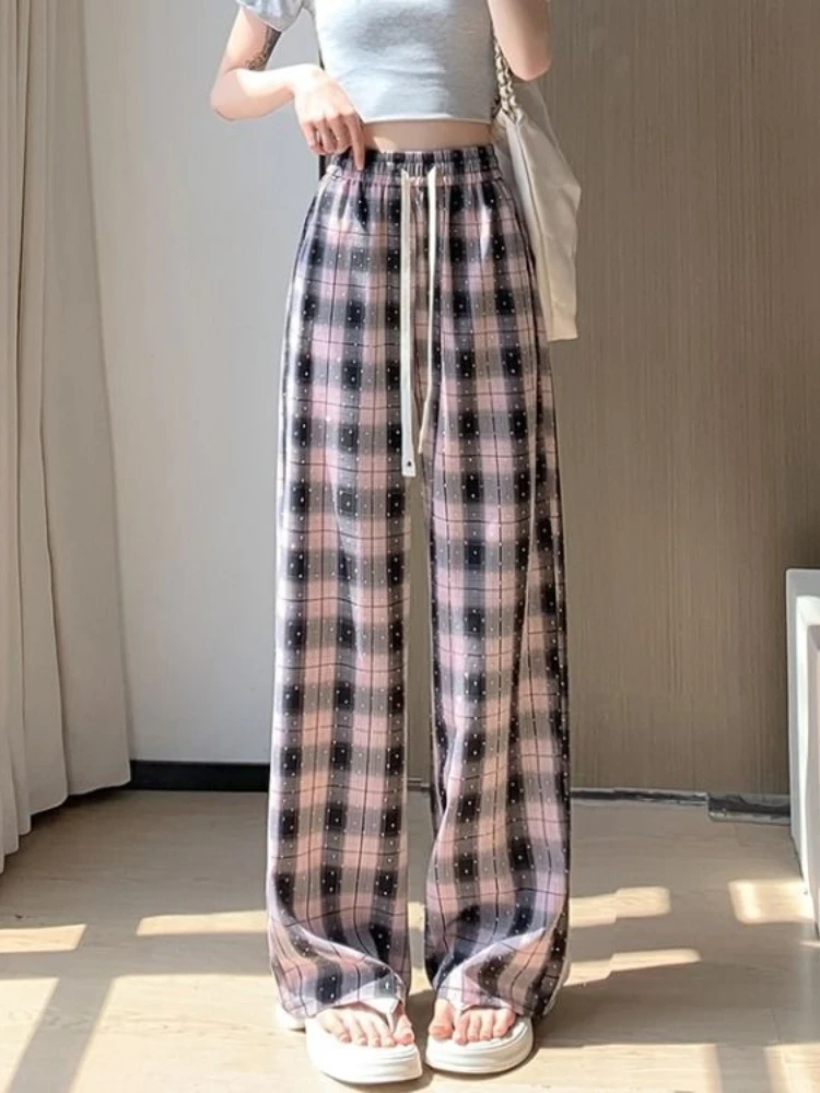 

Plaid Crystal Wide Leg Pants Women Summer Thin High Waist Tummy Control Drawstring Versatile