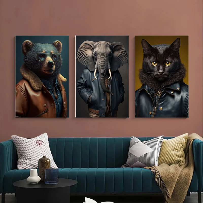 Animals in Jacket Art Canvas Classical Paintings Posters and Prints Elephant Dog Cat Seal on The Wall Art Picture Home Decor