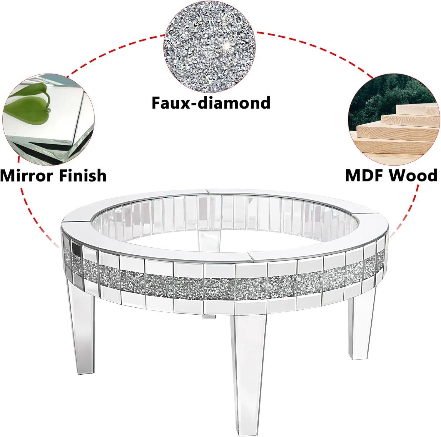 거실용 거울 원형 커피 테이블, 크리스털 상감 모던 유리 커피 테이블, 가정용 실버 악센트 테이블, 35.5 인치