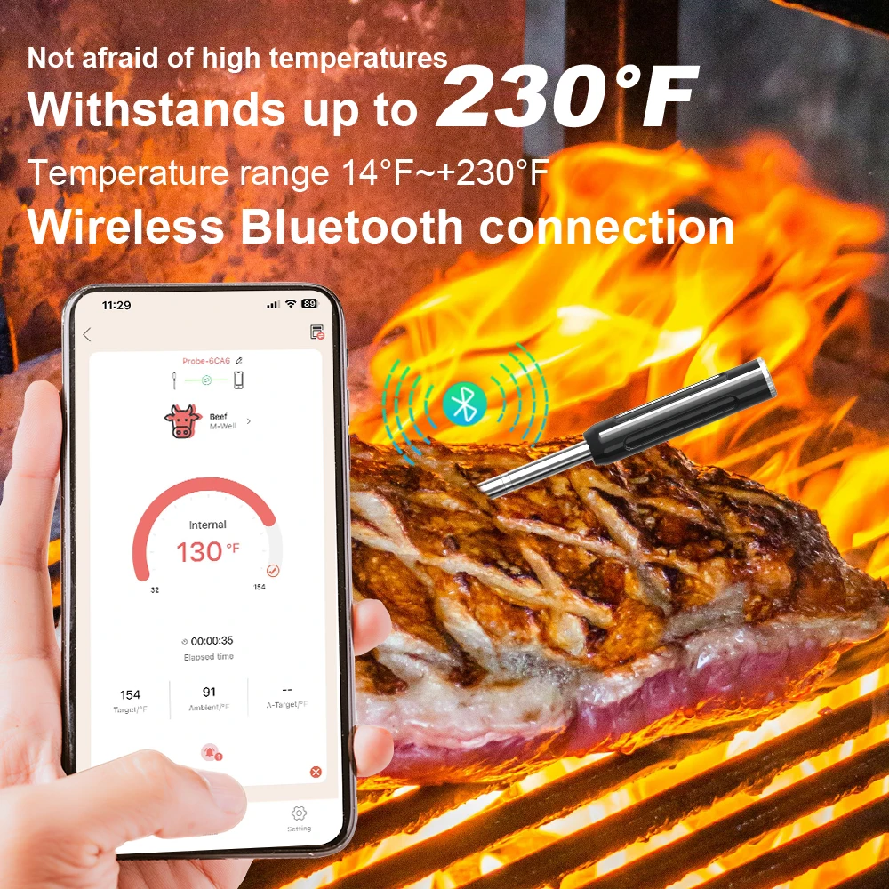 Wireless meat thermometer, remote monitoring alarm
