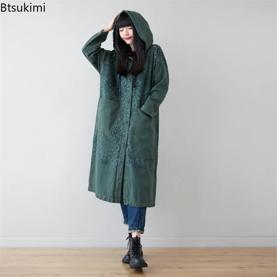 2025 Autumn New Women's Korean Fashion Trench Coats Loose Casual Vintage Print Hooded Cardigan Jacket Ladies Harajuku Streetwear