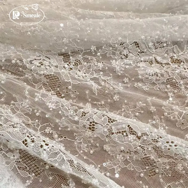 3 Yards. Hochwertige Perlen, Glitzernde Pailletten, Braut-Hochzeitsstoff-Spitze. Luxuriöse Abendkleid-Spitze mit französischer Stickerei. – Detail 6