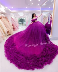 Grape Purple Quinceanera Dresses 2024 Luxury Princess Off Shoulder Sheer Corset Lace Applique Cathedral Train Dresses gala