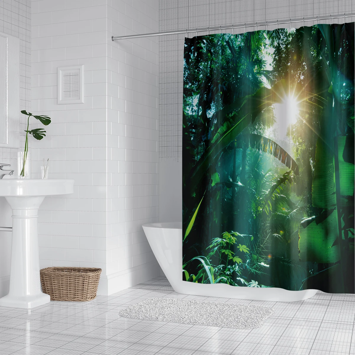 1PC Rural Bamboo Forest Series Shower Curtain,3D Embossed Washable Waterproof Shower Curtain,12 hooks,Family Bathroom Decoration