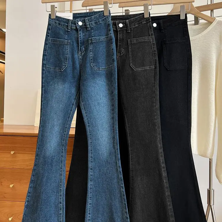 

Женские черно-серые джинсы-буткат с высокой талией, эластичные, облегающие, универсальные, уличный стиль, новинка 2026 года