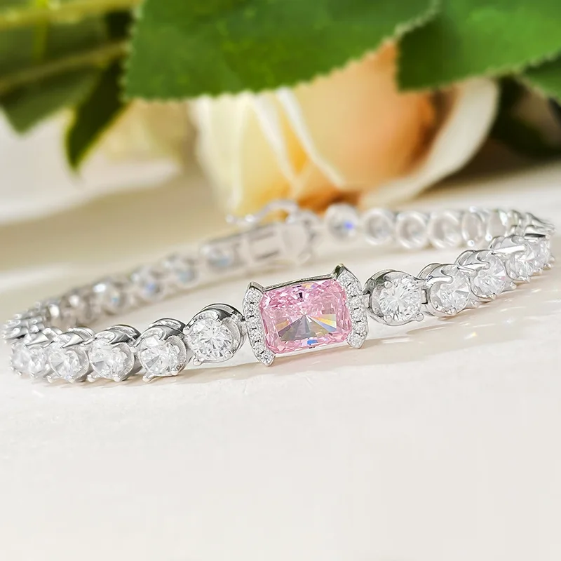 2023 New S925 Silver Ice Flower Cut Pink Diamond Inlay Group with Diamonds, Light Luxury and Simple Temperament