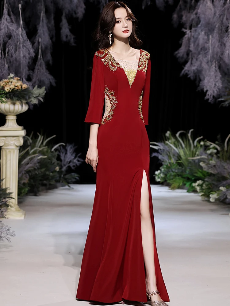 

Новое вечернее платье Ele Long Sleeve для невесты, красное, сексуальное, с завышенной талией, фасон «рыбий хвост», для свадьбы, коллекция 2025 года