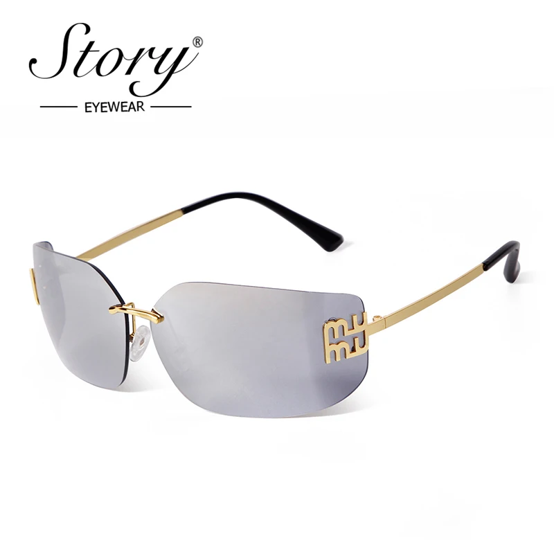 STORY Fashion Y2K Silver Rimless Sunglasses for Women Men Design Trend Rectangle Frameless Sun Glasses Female Shades UV400 8051A