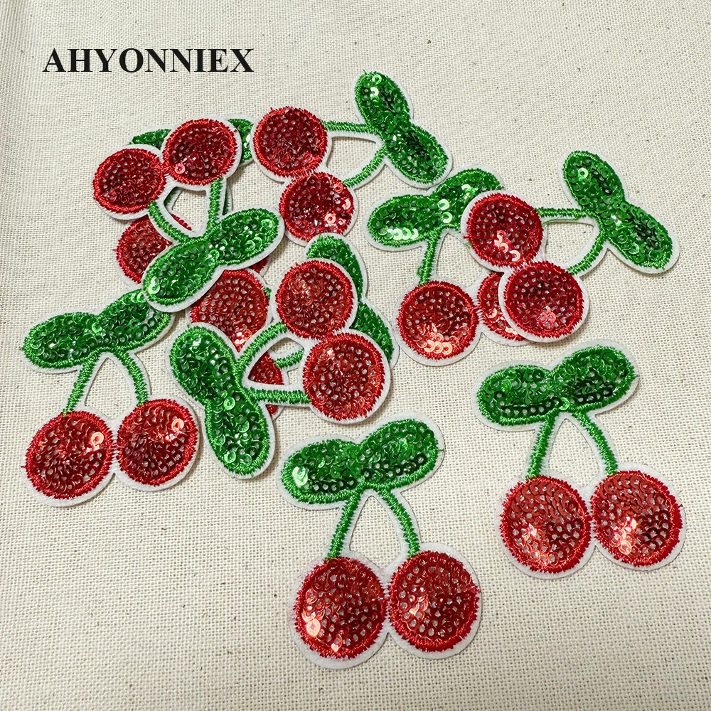 10 Pieces Embroidered Red Cherry Design Sequins Patch Cute Iron On Patch for Clothing Jeans Jacket Sticker Decoration