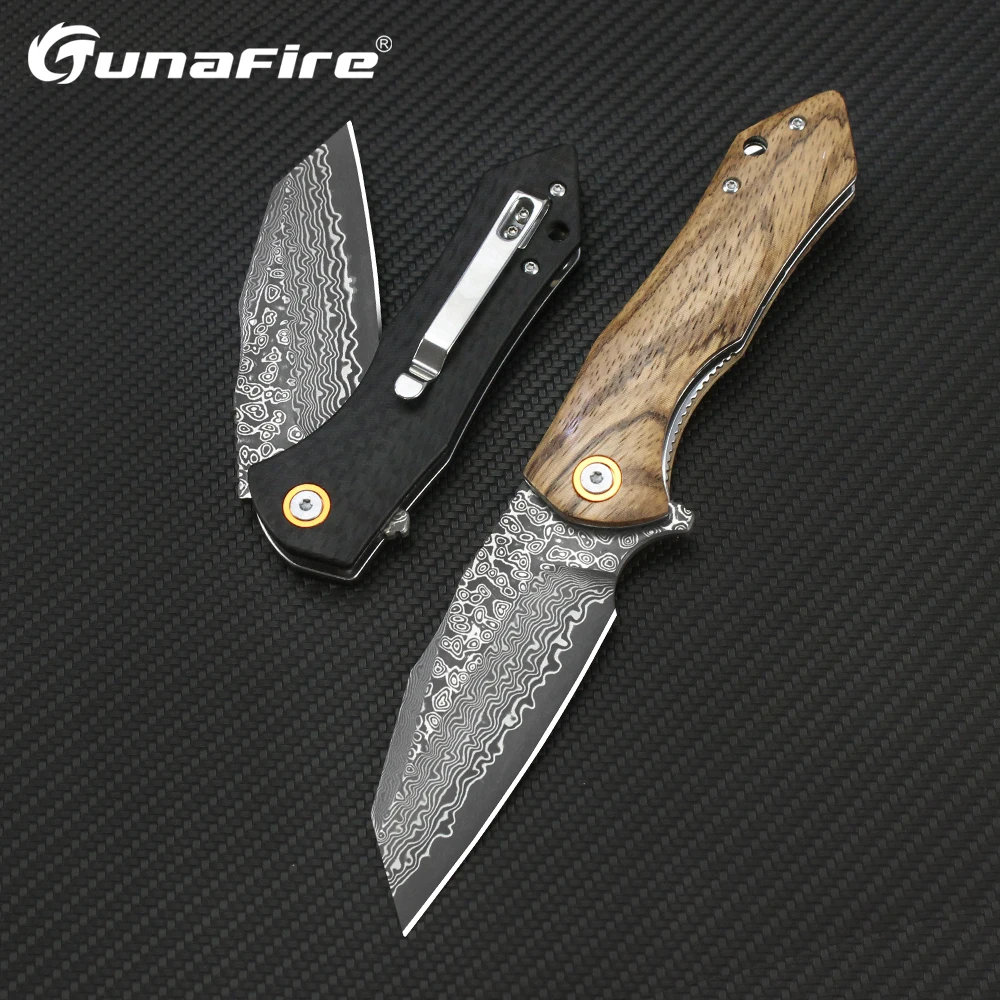 

Tunafire Damascus Folding Knife Zebra wood/carbon fiber G10 Handle Tanto Pocket Knives EDC Tactical Hunting Survival Hand Tools