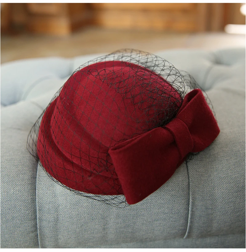100% Wool Fascinator Hat with Veil,Women Cashmere Cap Celebrities Style Cap for Autumn Winter,Photography Wedding Party Headwear