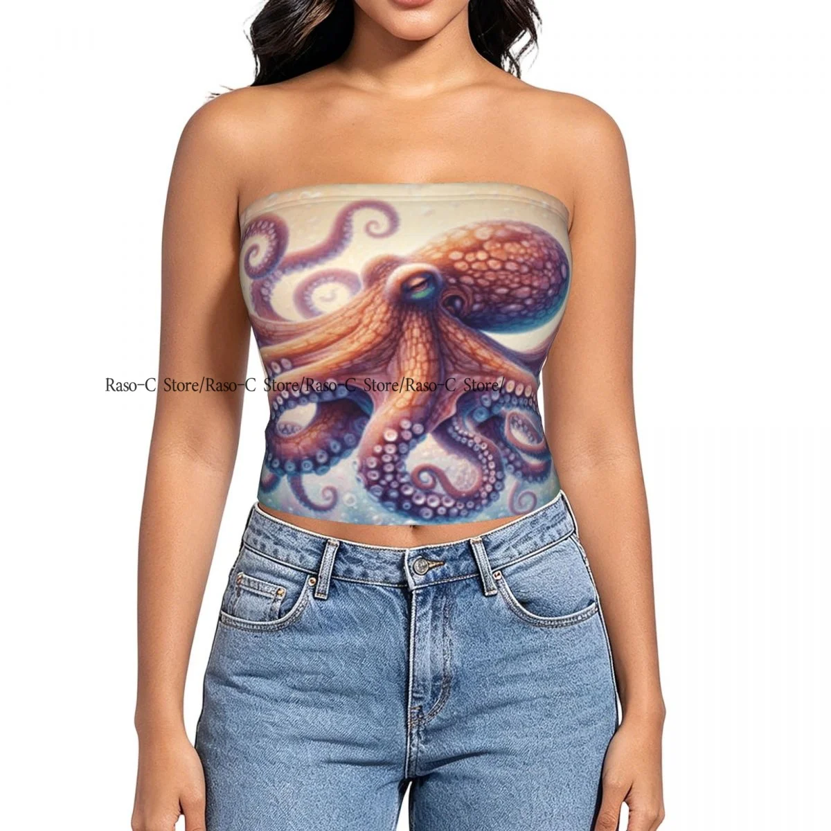 Women strapless blouses sleeveless Octopus In The Water halter-neck sexy short-sleeved blouses