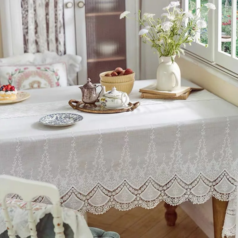 

White Lace Rectangular Tablecloth, Elegant Floral Embroidery Table Cover,Farmhouse Table Cloth for Home Wedding Party Decoration
