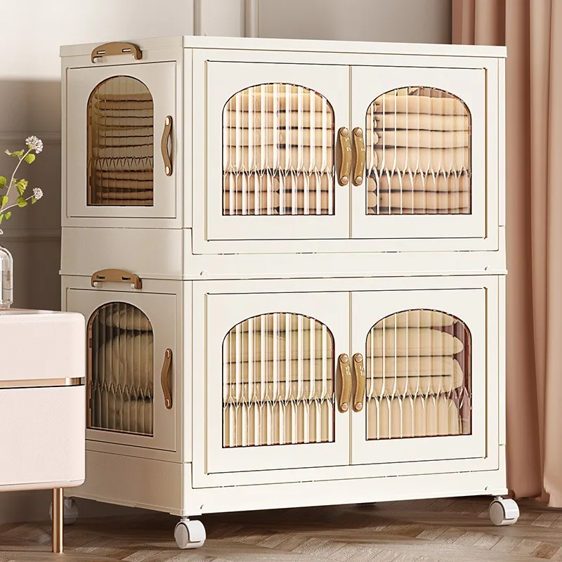 

Stackable storage bins with foldable lids, wheels and doors for
