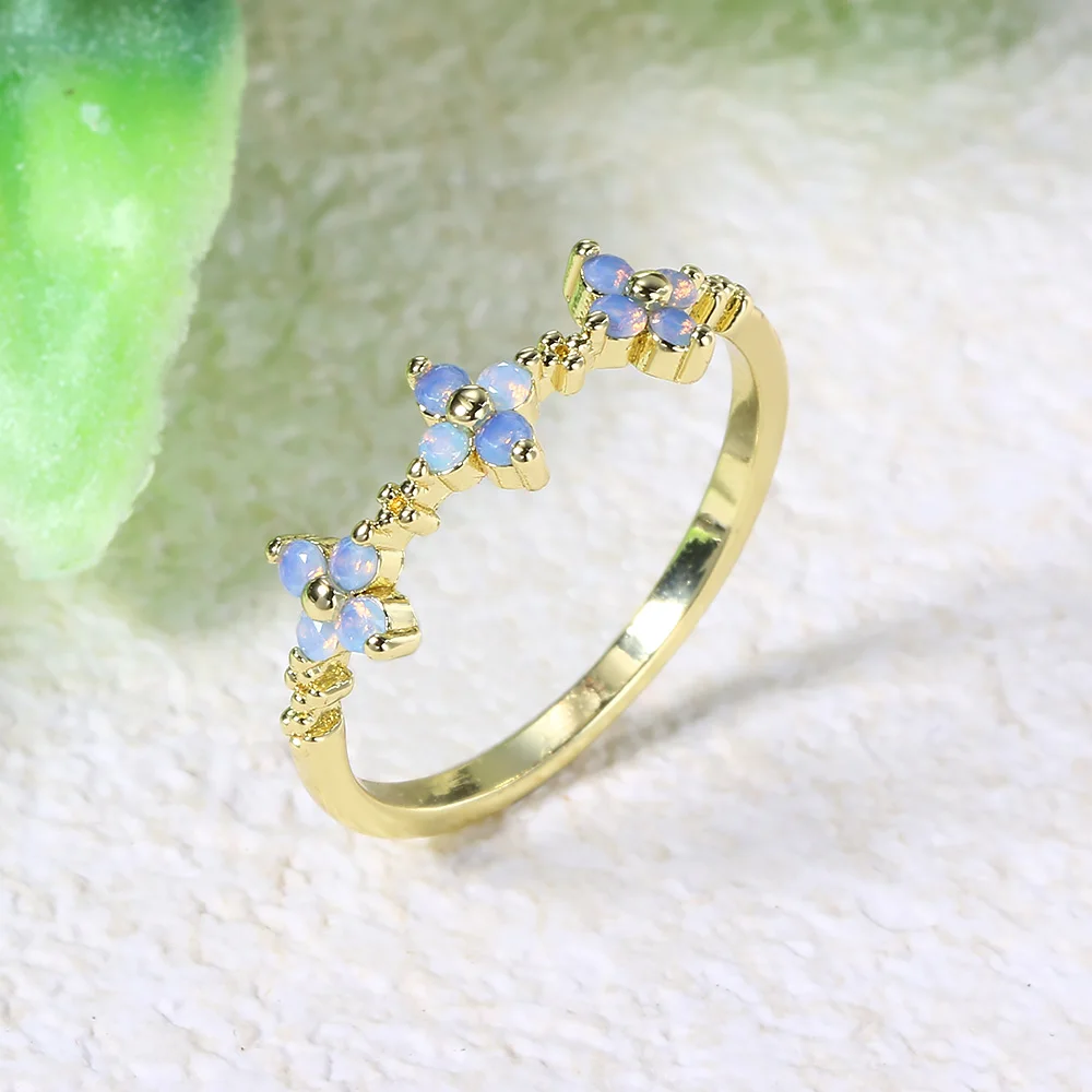 Opal Stone Clover Rings For Women Ins Trend Gold Color Girls Thin Ring Aesthetic Fashion Jewelry Party Gifts Wholesale KAR223