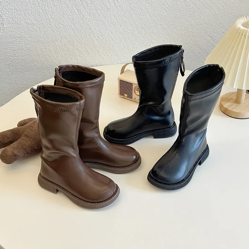 2024 Children High Boots for Girls Winter New Fashion British Style Soft Bottom Anti-slippery Versatile Keep Warm Leather Shoes