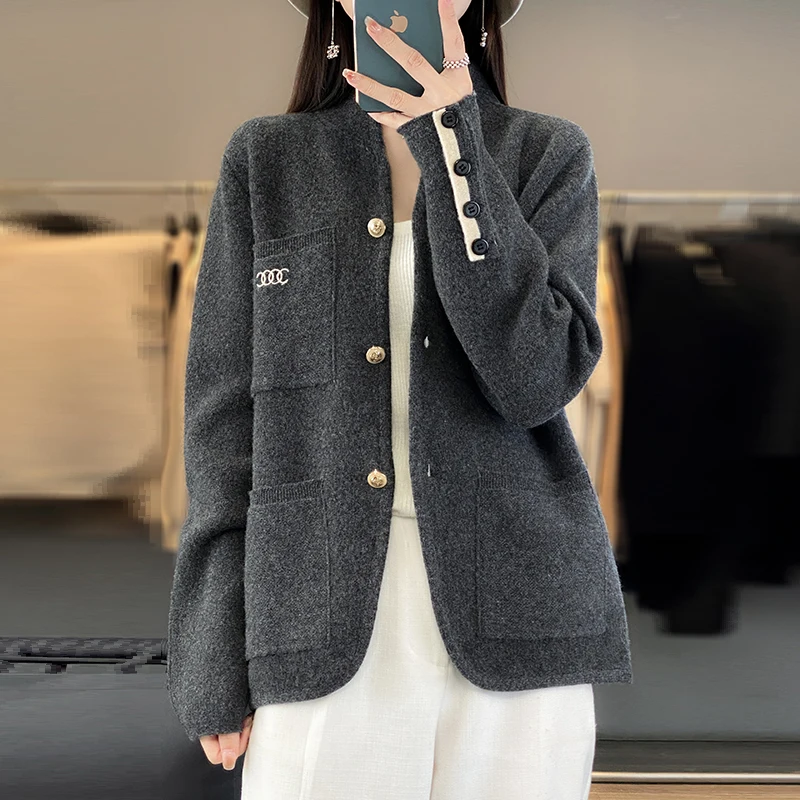 Autumn and Winter New 100% Pure Wool Cardigan Sweater Women\'s Knitted High Quality Standing Collar Women\'s Cashmere Coat Sweater