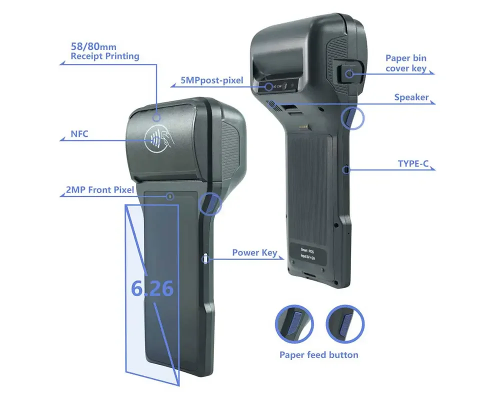 Terminale POS Android portatile con touch screen Android 12 con stampante NFC da 80 mm Punto di vendita dei sistemi