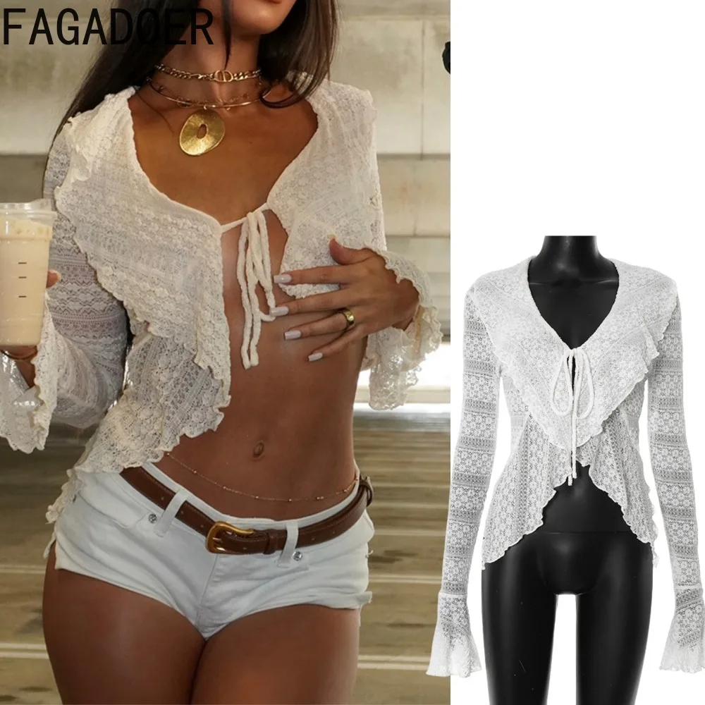 

FAGADOER Summer New Sexy Lace Ruffle Patchwork T-shirt for Woman See Though Flare Sleeve Cardigan Crop Tshirt Female Streetwear