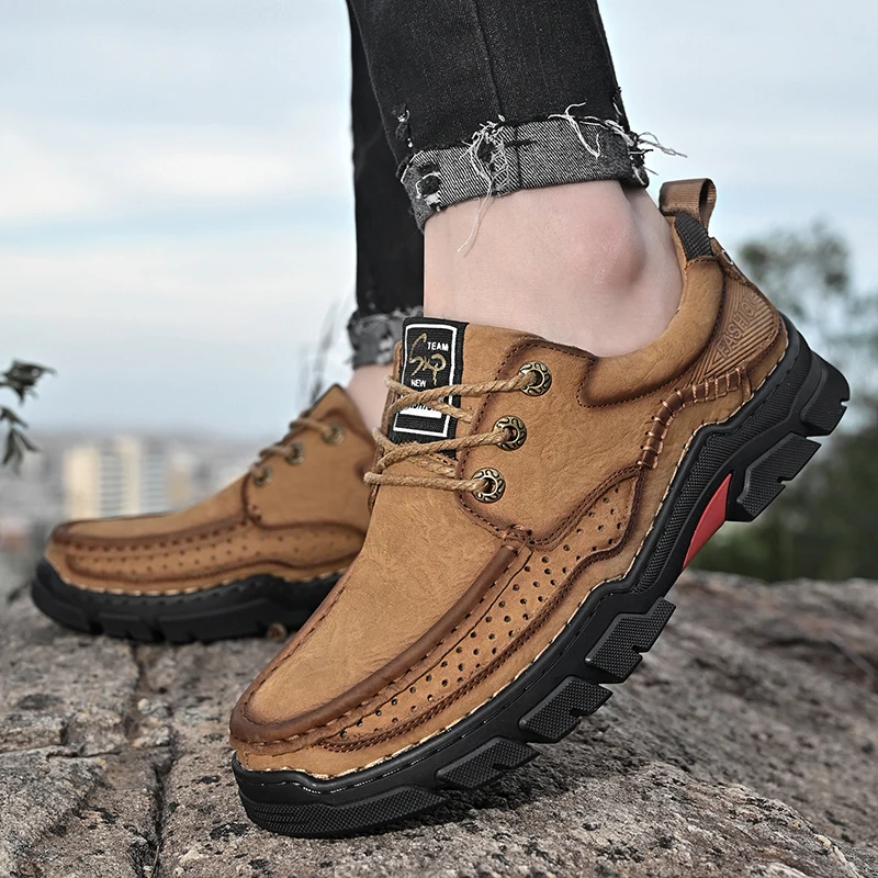 

Men's Shoes Low-top Outdoor Men Casual Genuine Leather Non-slip Wear-resistant Sports Hiking Work Shoes Vintage Tooling Shoes