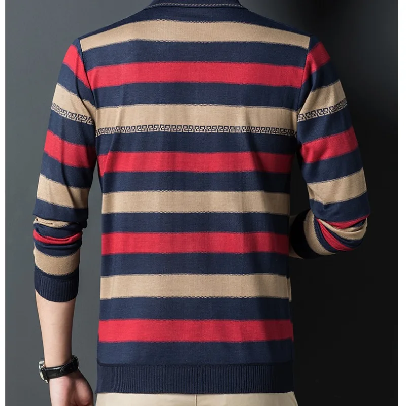 Autumn Winter New Men\'s Clothing Stripe Button Long Sleeve Polo T-shirt Business Casual Slim Loose Fashion Pullover Tops