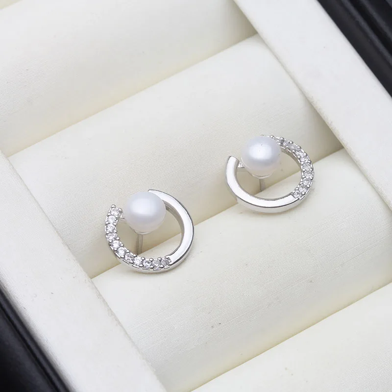 

Genuine Silver 925 Stud Earrings With Pearls,White Natural Fresh Water Mini Pearl Earrings Wife Mother Party Gifts Pink Black