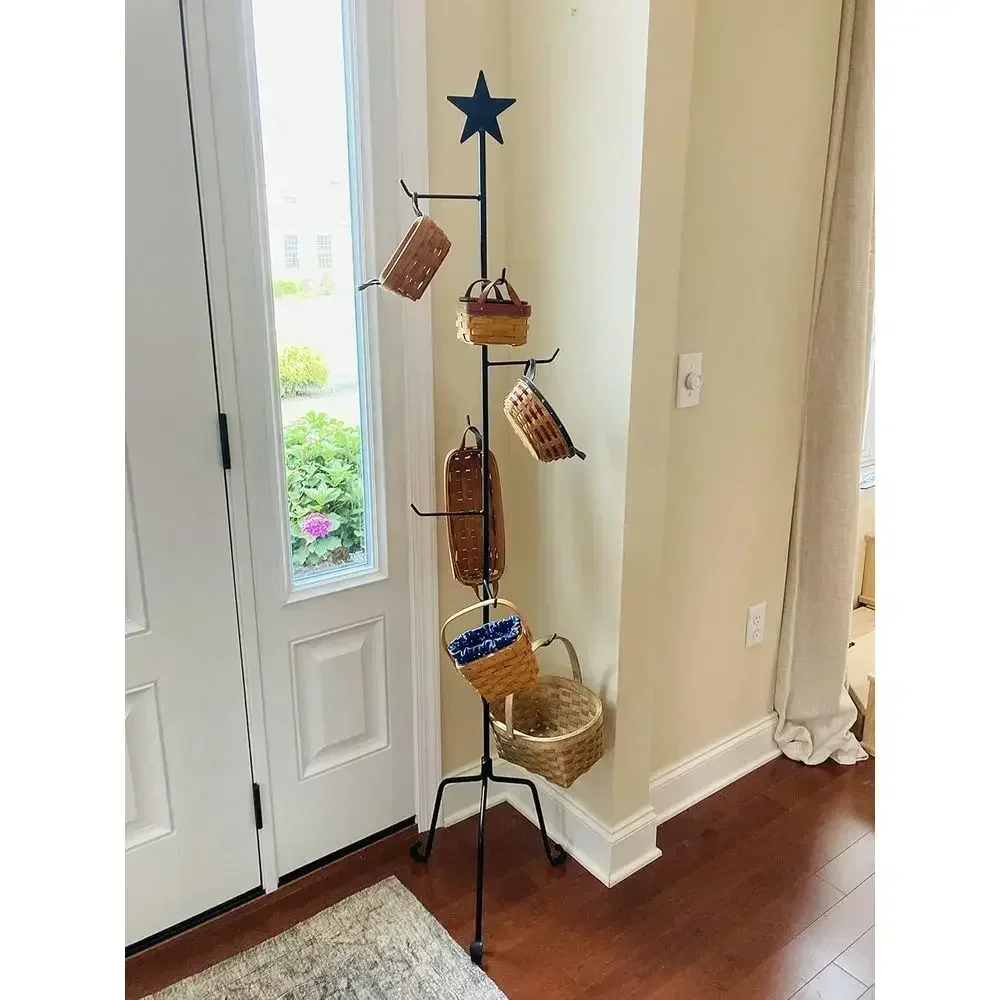 Hanging Storage Basket Stand for Boxwood and Mum, Display Tree Rack, Rustic Home Decor Organizer for Clothes and Hats
