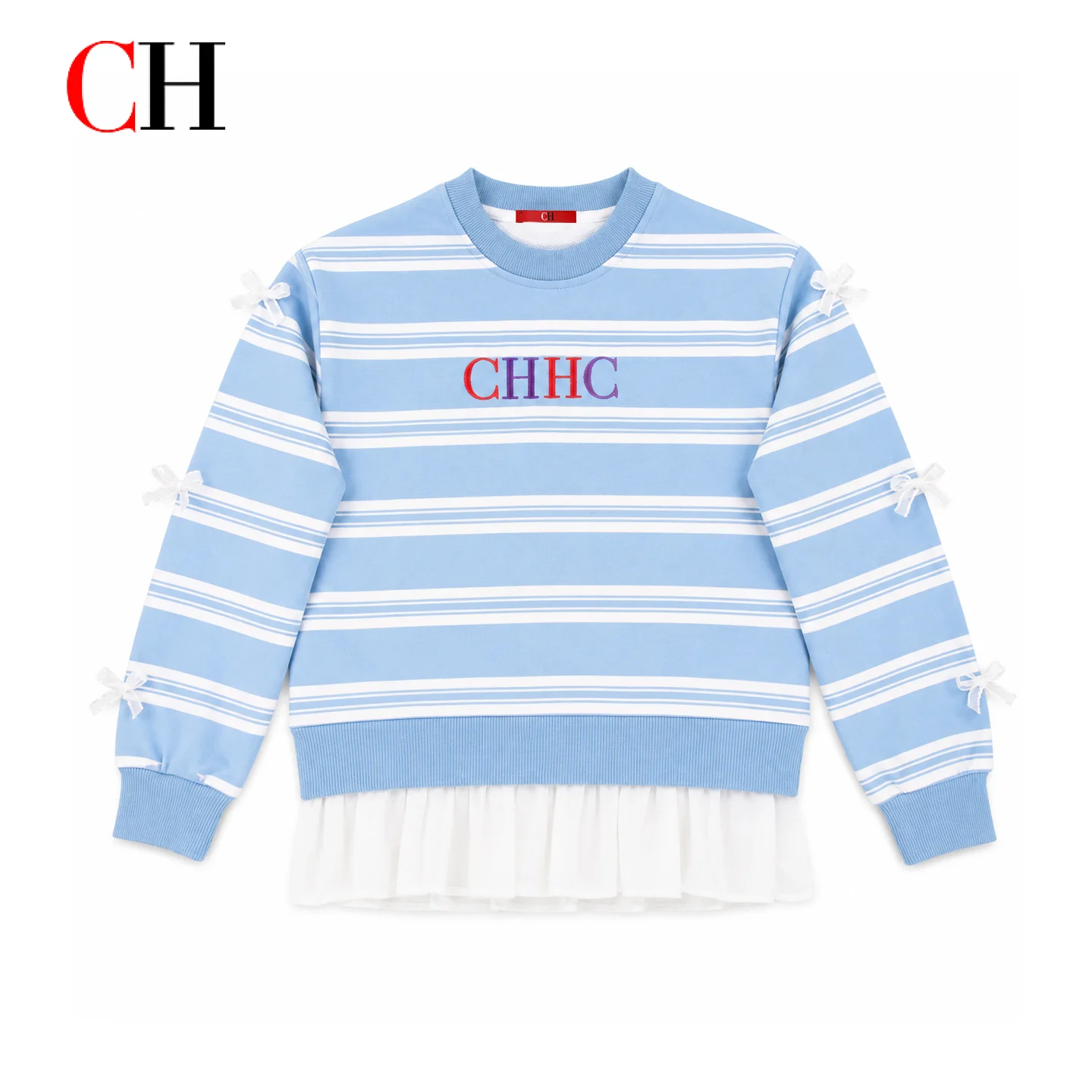 CH Girls Horizontal Stripe Colorful Letter Embroidery Long Sleeve Sweatshirt Sleeve Bow Decor Sheer Hem Layered Kids Top