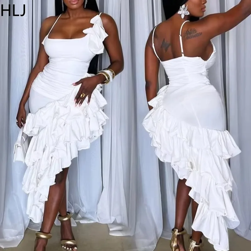 Hlj sexy babados irregular retalhos bodycon vestido feminino cinta de espaguete sem mangas vestidos sem costas feminino noite clube vestidos