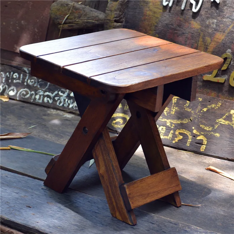 Thailand wood carving folding small stool solid wood creative small bench South East Asia chair small square stool