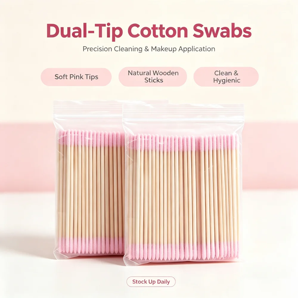 Disposable 10cm Pink Double Tip Cotton Swabs, Long Wood Stick Precision Cotton Buds in Zip Pouch forTattoo& Personal Care,Makeup