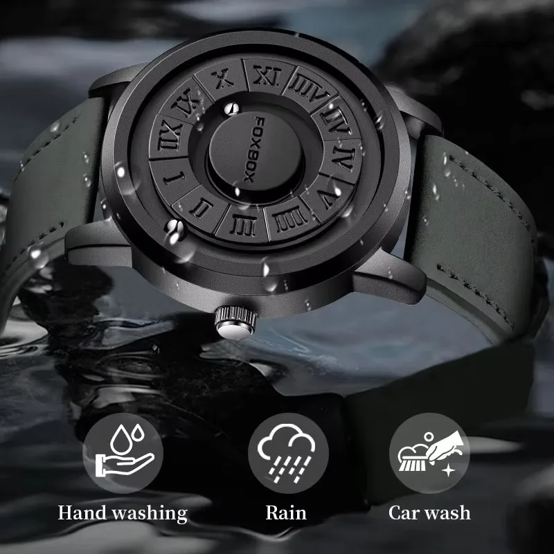 FOXBOX Orologi da uomo Puntatore a scorrimento creativo Orologio da polso al quarzo con forza magnetica Orologio da uomo in vera pelle Relogio Masculino + scatola
