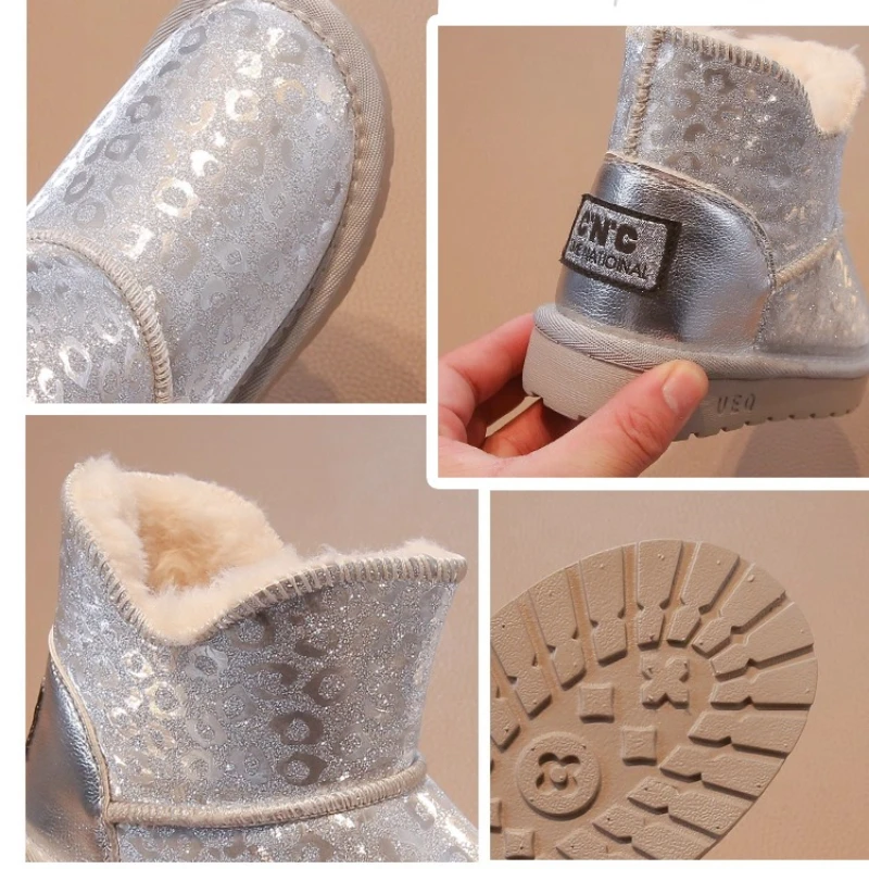 Girls Snow Boots Size 26-36 Pink Padded Thickened Warm Cotton Shoes Winter Lightweight Non-slip Children's Short Leather Boots