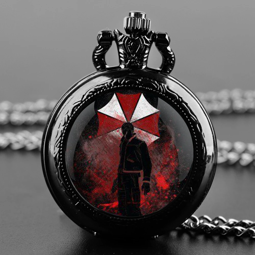 Black Stainless Steel Movie Resident Evil Glass Dome Quartz Pocket Watch Necklace Women Jewelry Pendant Chain Children