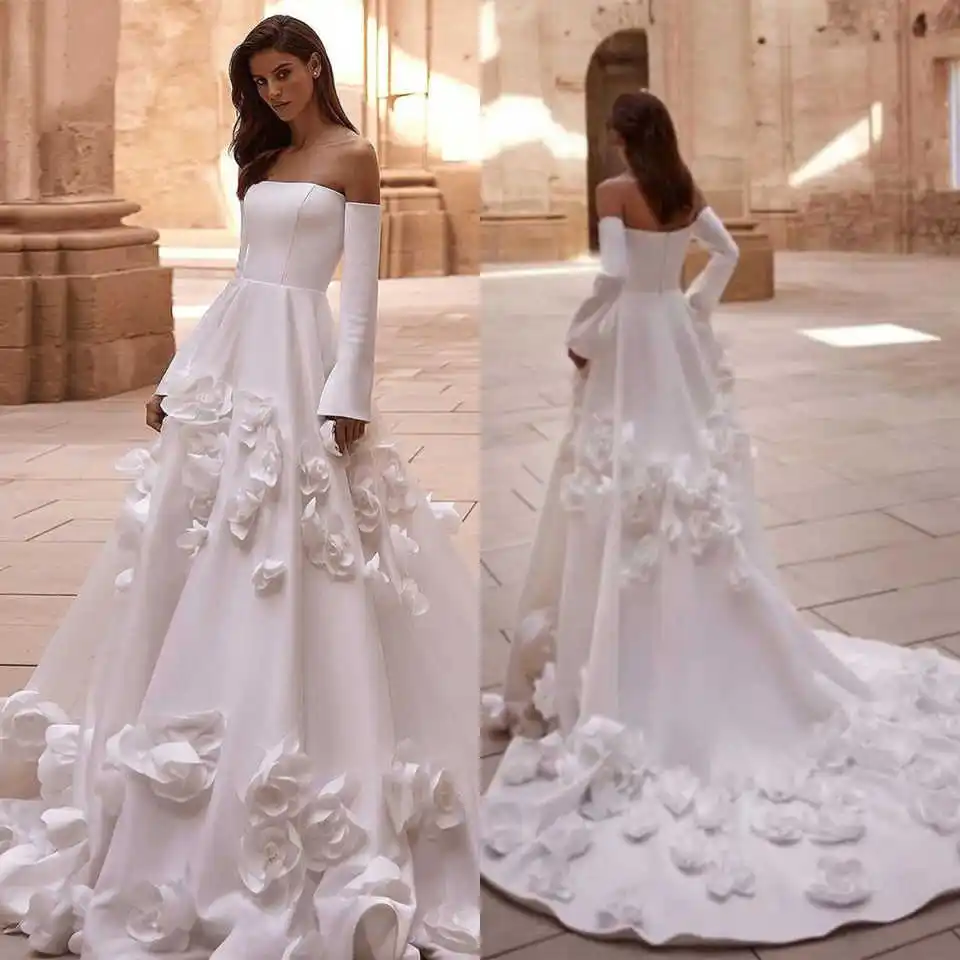 Illusion A Line Wedding Dresses 3D-Flowers Strapless Long Sleeve Elegant Bridal Gown Sweep Train Vestido De Noiva Customized