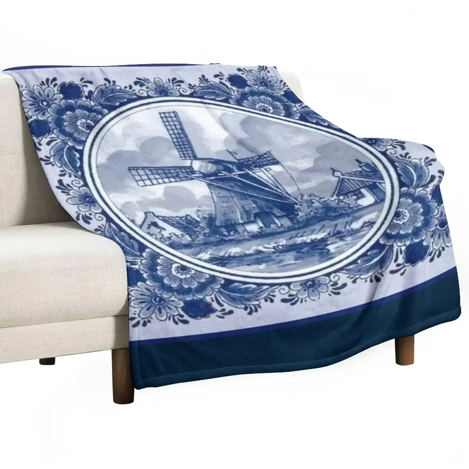 New DUTCH BLUE DELFT : Vintage Windmills and Trees in Amsterdam Print Throw Blanket warm for winter Hairy Thin Blankets