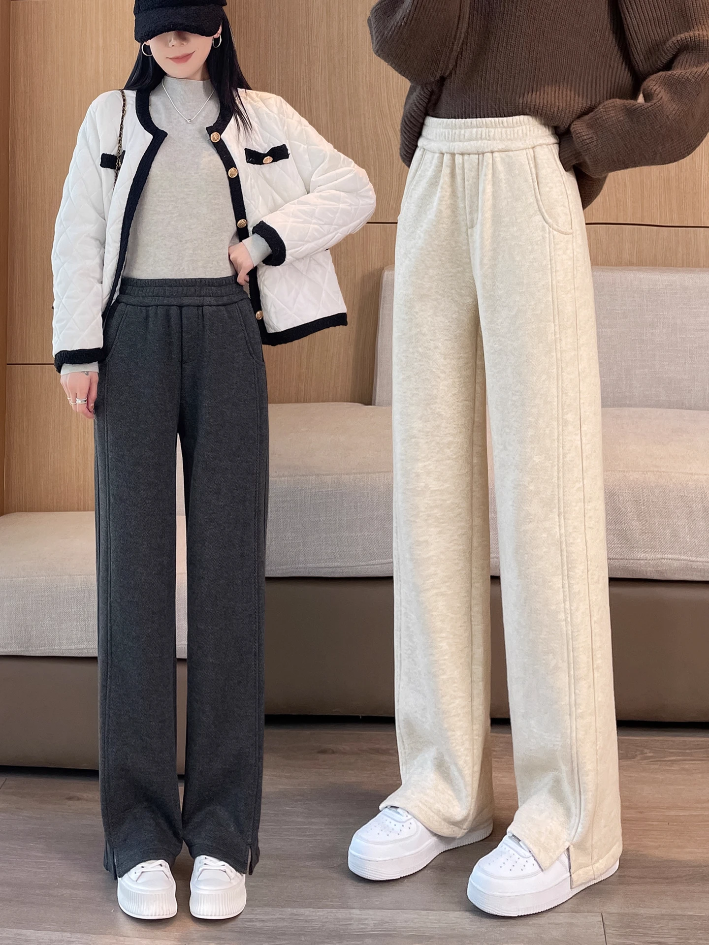 

High Waist Wide Leg Pants Women's Slit Woolen Casual Pants Fce Lined Thiened Loose Straight Cut Trousers for Ladies
