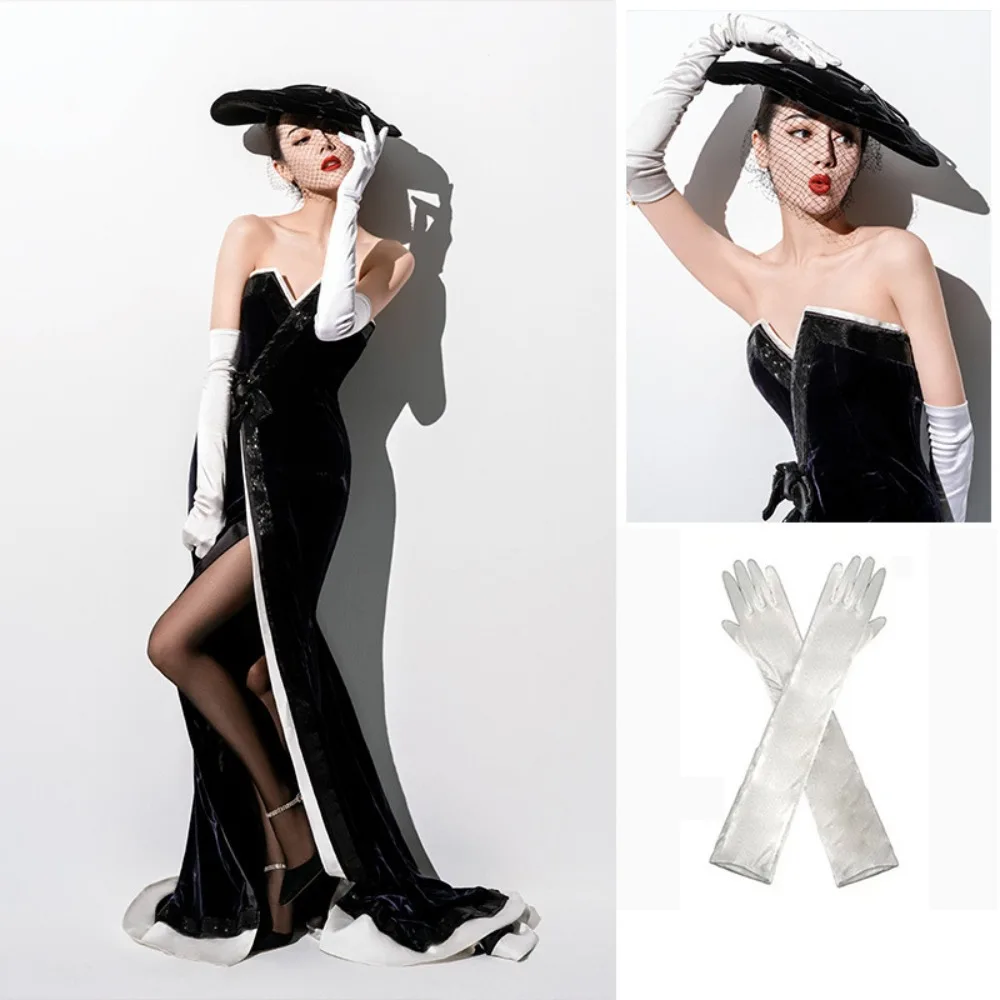 

Fashion White Satin Long Gloves Vintage Lace Wedding Bridal Gloves Sweet Elastic Long Finger Mittens Women