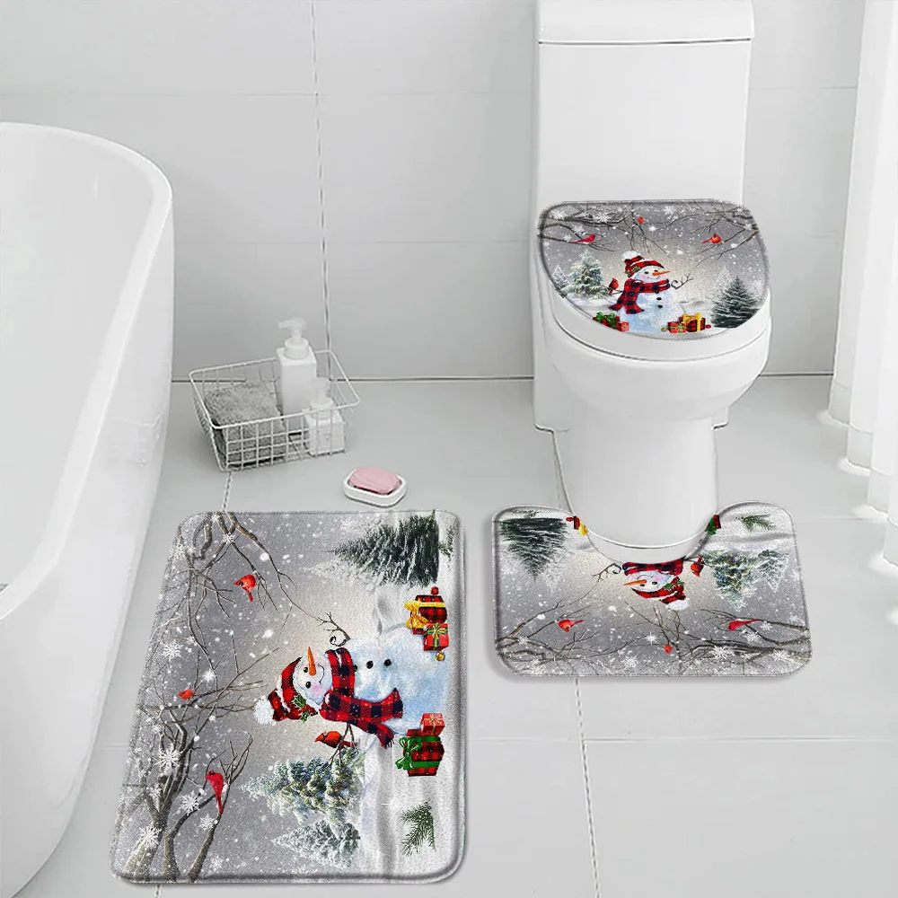 Funny Santa Claus Bath Mat Set Green Pine Bough Red Xmas Ball Brown Plank New Year Bathroom Decor Non Slip Rugs Toilet Lid Cover