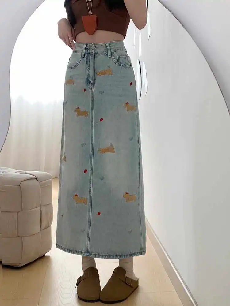 Oversized S-3XL Retro Dog Embroidered Cowboy Skirt Women Spring/Summer High Waist Back Split Design Sense Denim Midskirts
