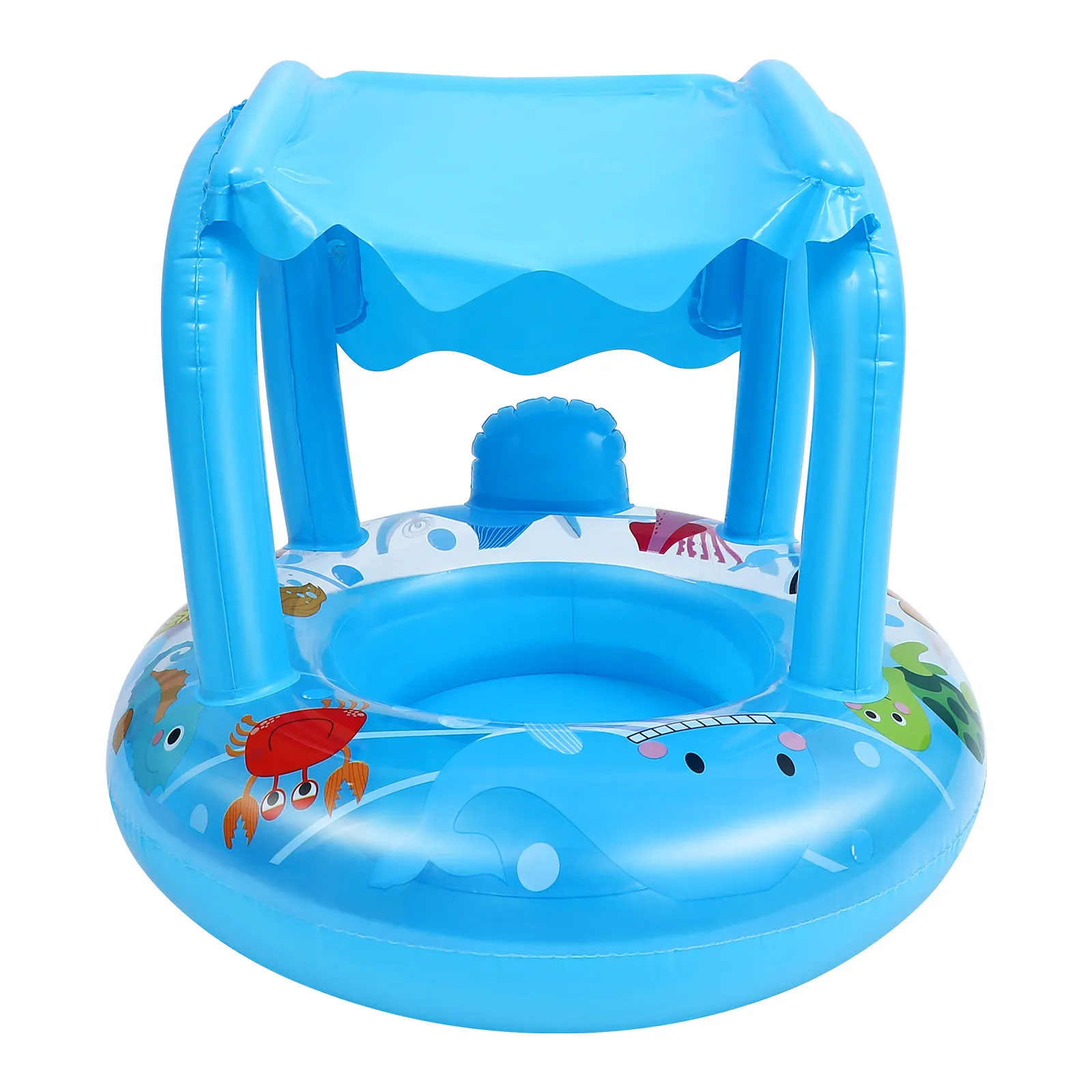 Baby Swimming Ring Inflatable Pool Float with Sun Shade Foldable Thick Cushion for Toddlers