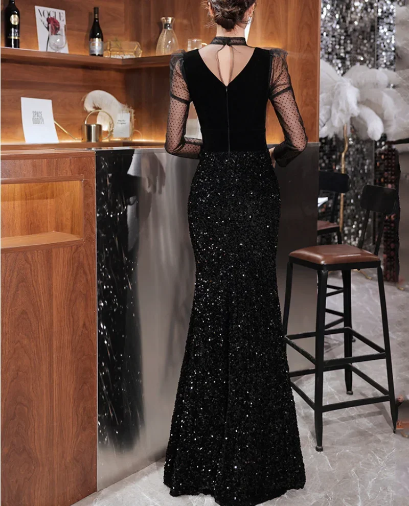 Customized Customized O-neck Elegant Slim Waist Evening Dresses Mesh Long Sleeve V-back Wedding Party Dress Sequined 2024 Simple