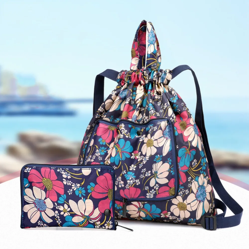 Casual Lightweight Drawstring Bag Animal Flower Shopping Bag Multifunctional Nylon Folded Backpack Trips